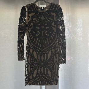 bebe Black and Neutral Long Sleeve Sequin Dress